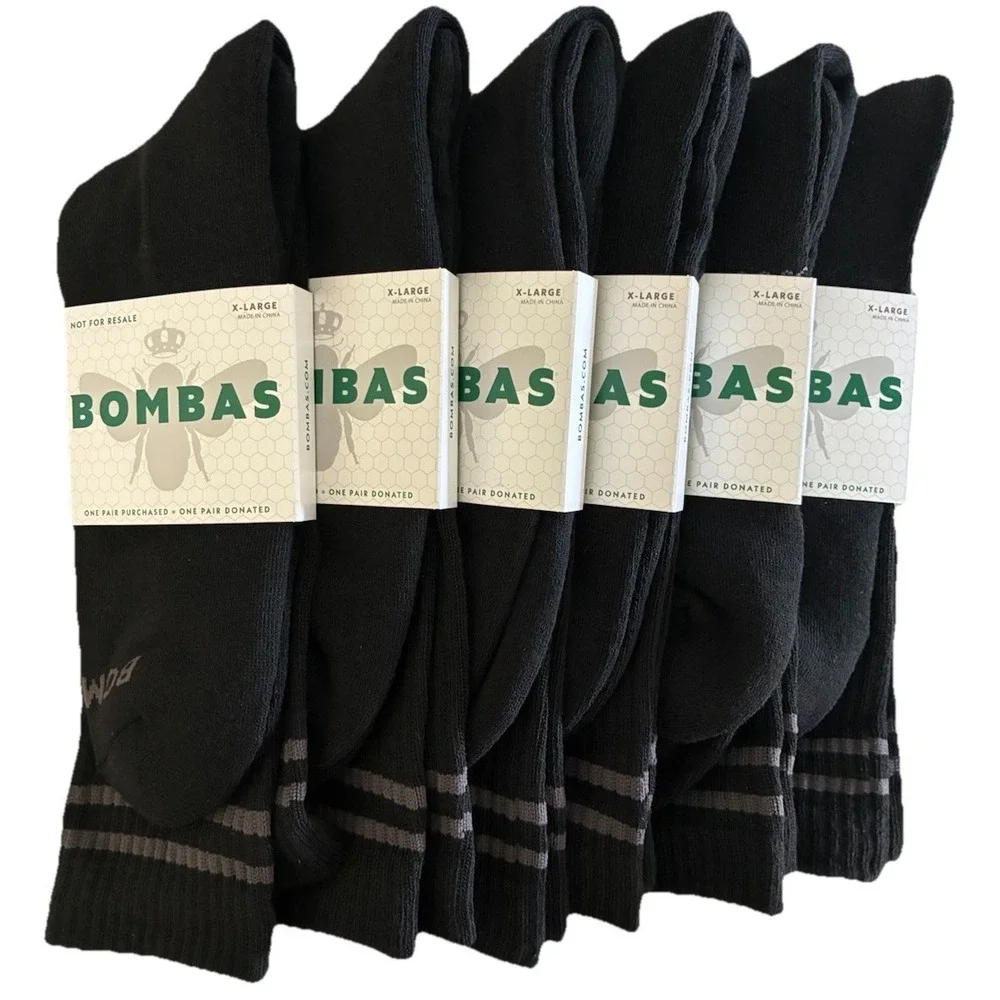 BOMBAS Socks Men's XL Black Gray Stripe‎ Calf Logo (US 13.5-16) NEW Lot Of 6